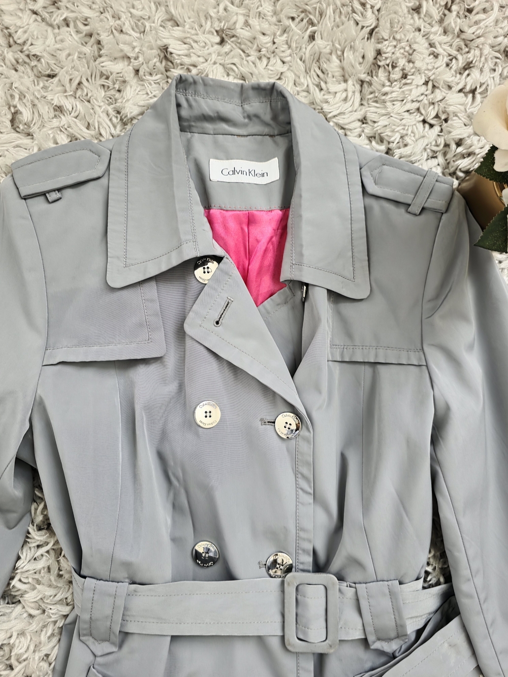 Calvin Klein Gray Double-Breasted Trench Coat - Picture 3 of 6